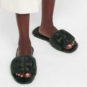 Tory Burch Double T Shearling Slide Shoes, 5.5, NEW